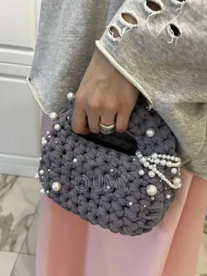 Sac Crochet Gris Avec Perles Élégant Fait Main 