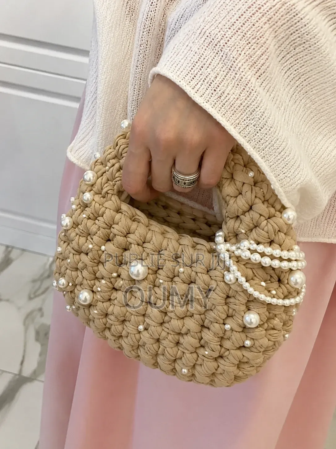 Sac Crochet Gris Avec Perles Élégant Fait Main 