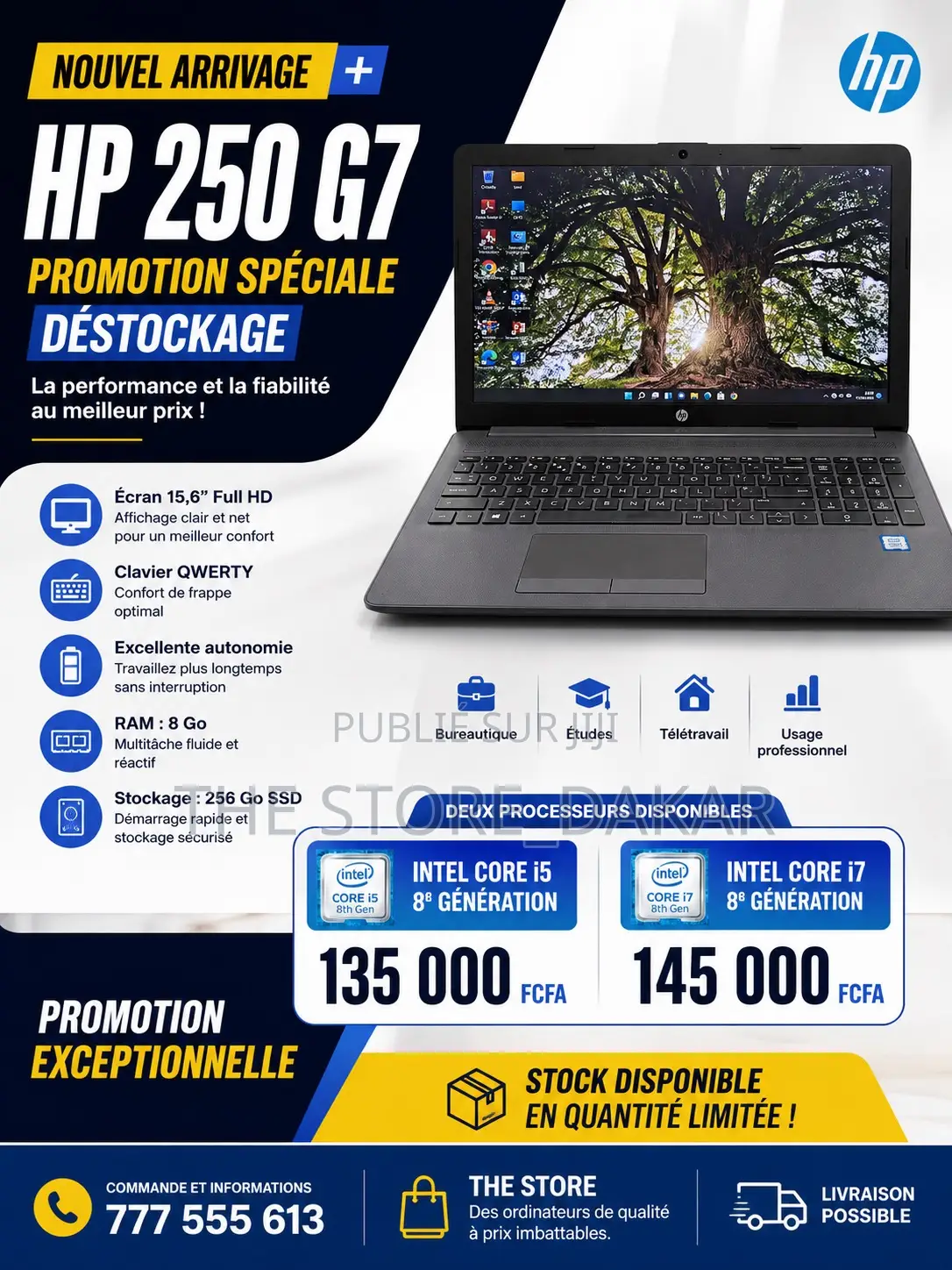 Nouveau Ordinateur portable HP 250 G7 8GB Intel Core i7 SSD 256GB